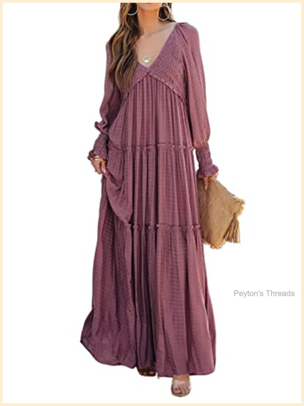 Womens Flowy Maxi Dress Long Sleeve V Neck Boho Casual